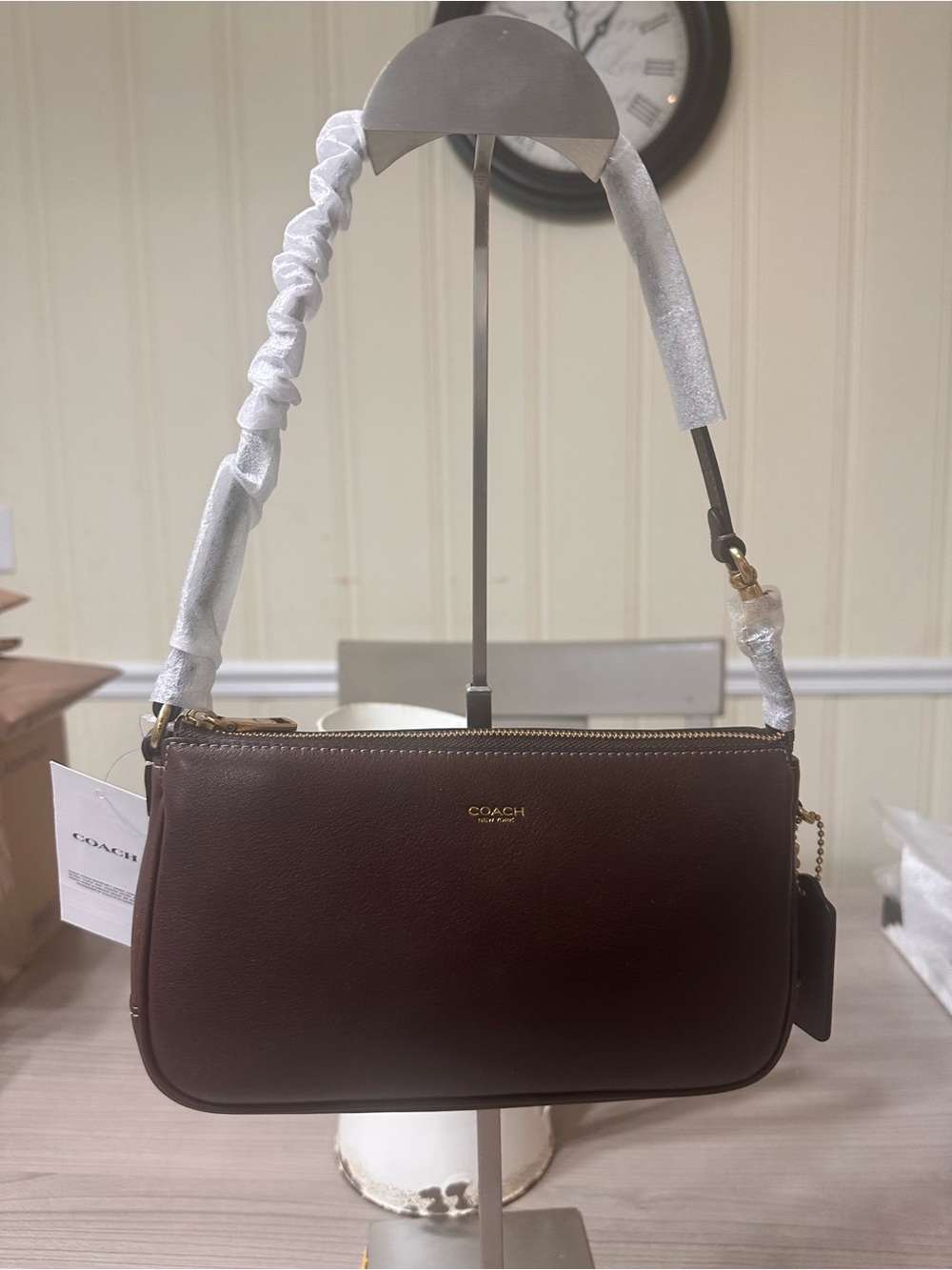 COACH Plaza Leather Shoulder Bag in Dark Brown with Gold Hardware